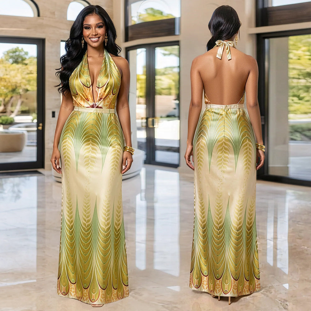 C7721 cross-border   fashion women's summer casual printed v-neck backless dress new