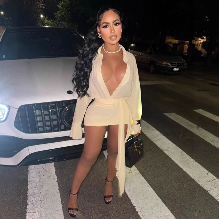 European and American new   women's clothing straps long sleeves fashion temperament sexy cardigan hollow dress women