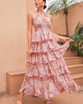 spring new arrival: european and american style women's fashionable and sexy v-neck camisole dress with multi-layered print