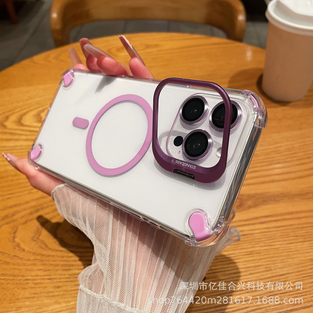 Suitable for apple 17pro metal lens holder magnetic phone case iphone14 four-corner airbag transparent hard case