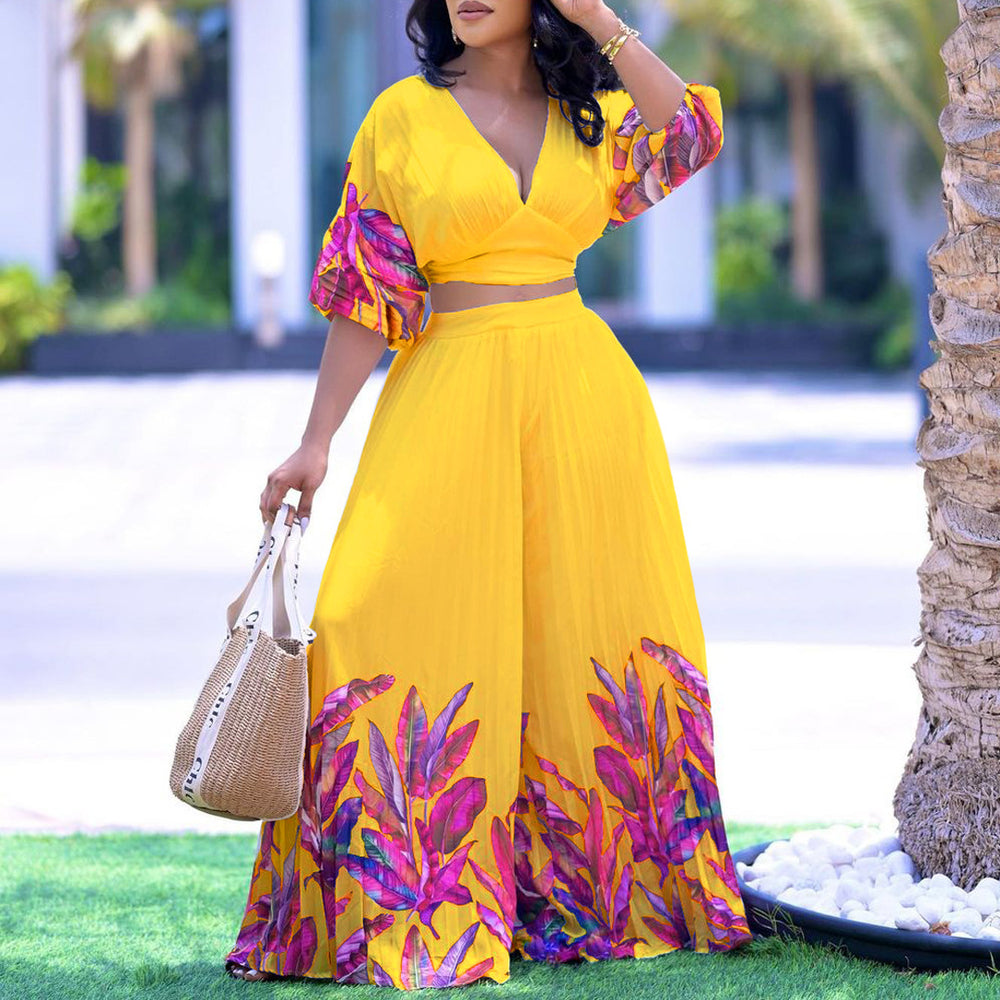 C8522 independent station european and american clothing summer new fashion v neck printing tops loose pants two-piece set export suit