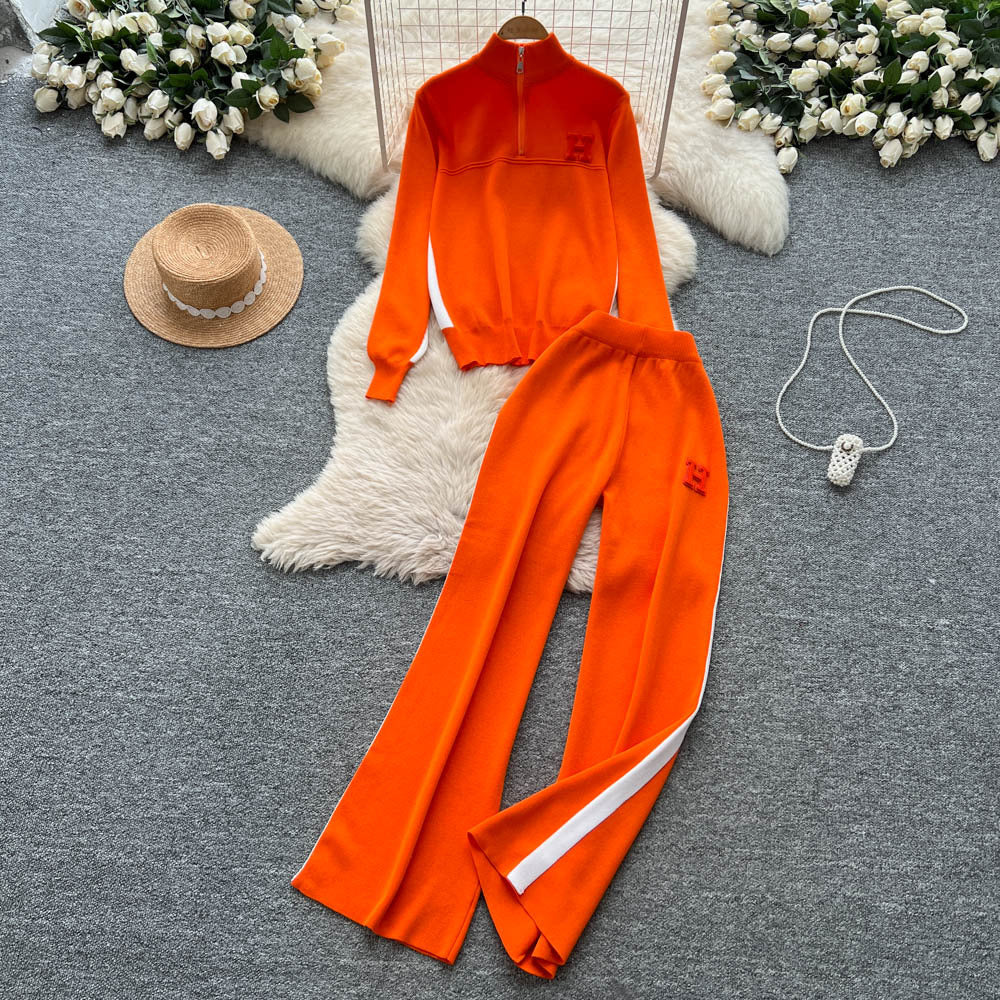 Women's casual activewear set - autumn design: color block letter embroidery stand collar half-zip knit top & wide leg pants