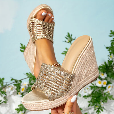 Women's wedge heel platform sandals - champagne, fashionable slip-ons, versatile, elegant, casual, high heels - cross-border amazon