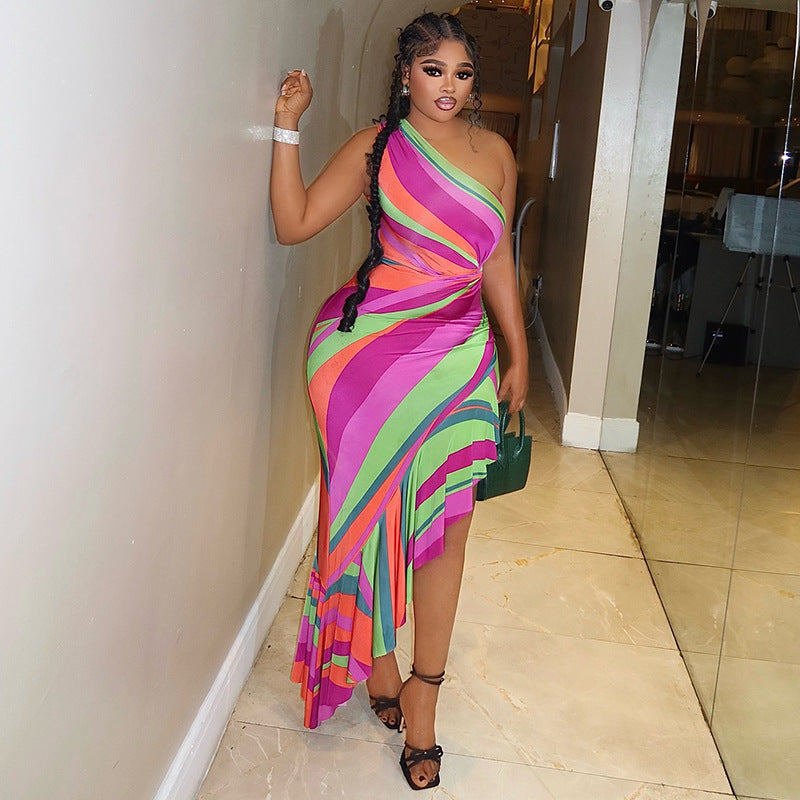 European and american style color block print women's one-shoulder rainbow bodycon dress with asymmetrical neckline - perfect for summer beachwear