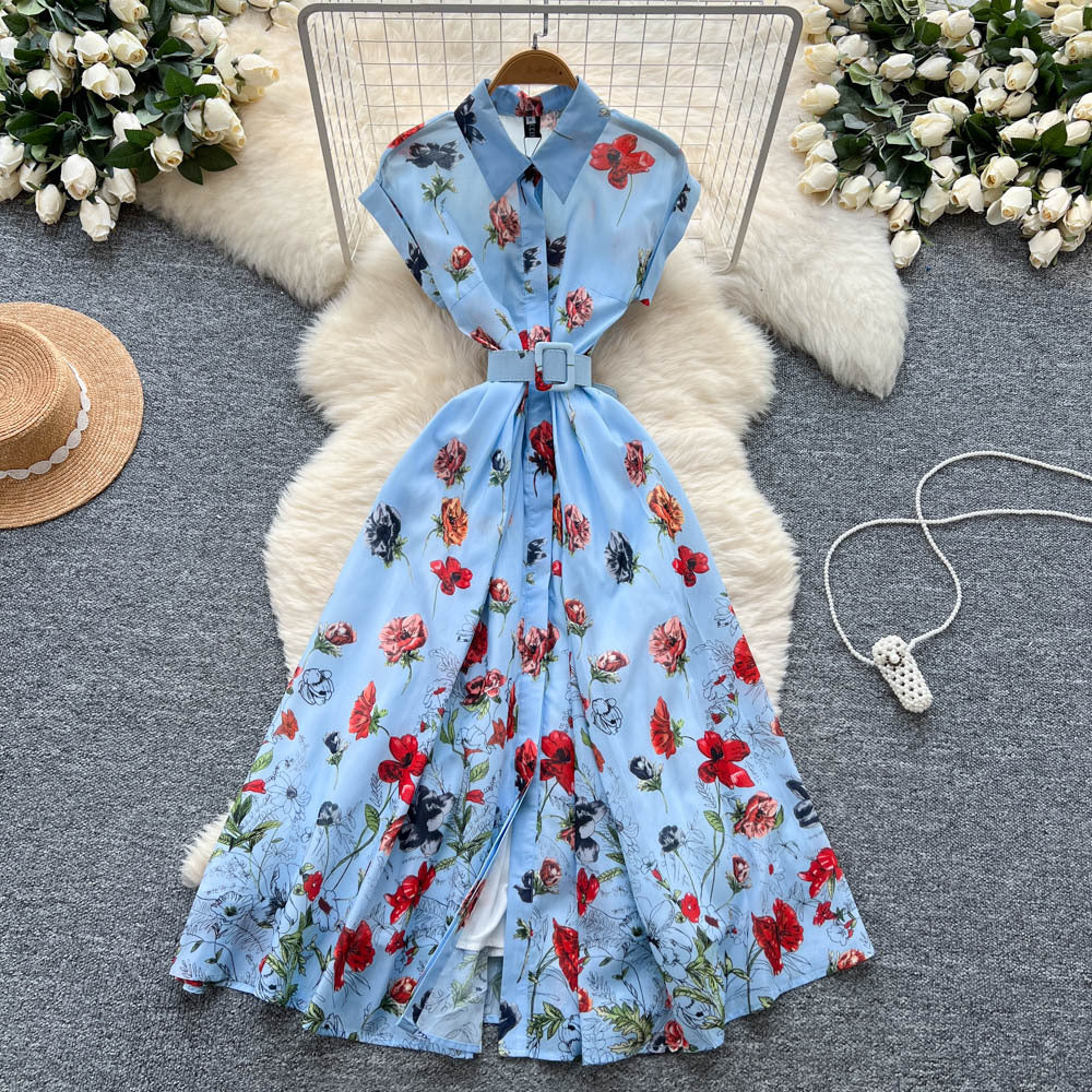 French fashion polo collar short sleeve waist dress women's summer classy slimming lookelegant large swing printing long skirt