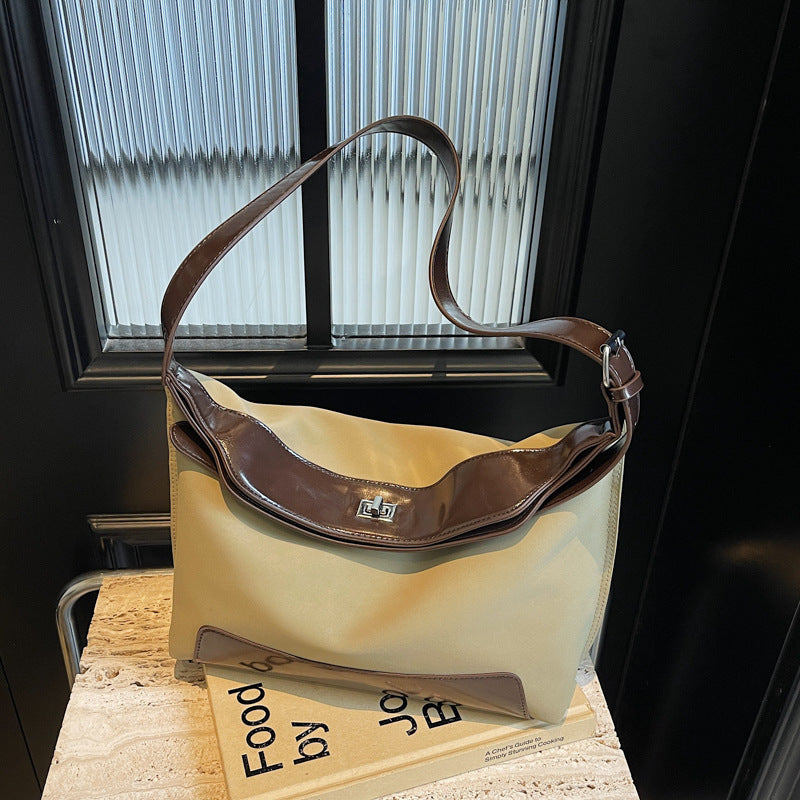 Cross-border design contrasting color splicing canvas bag women's 2025 new fashion trend shoulder messenger women's bag tote bag