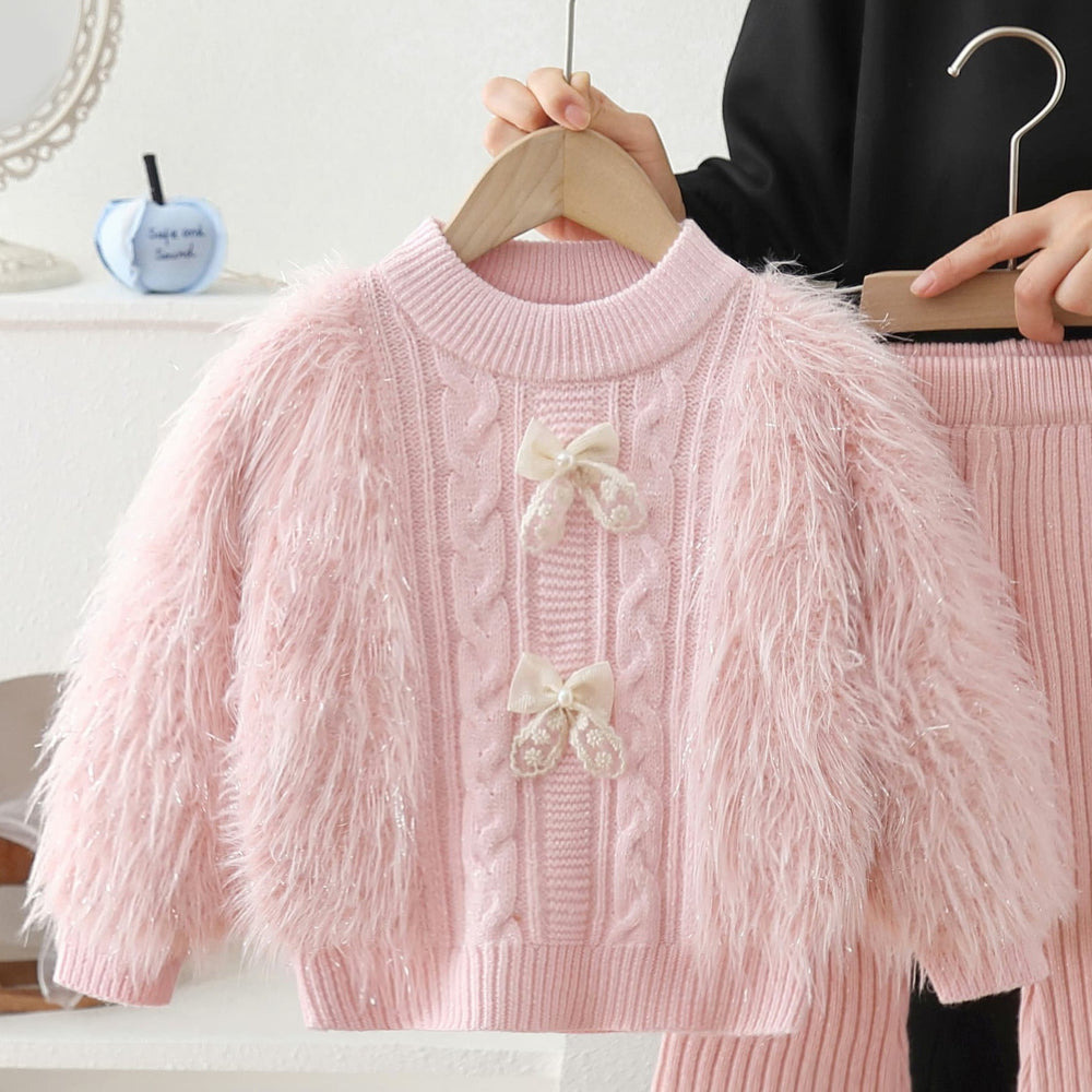 Girls' sweater set - new autumn/winter style, korean-inspired, solid color, fuzzy bow knit pullover two-piece outfit