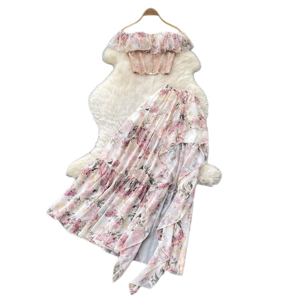 Frenchromantic style one shoulder floral pure desire two-piece set women's summer light mature ruffles cake skirt slimming looksuit