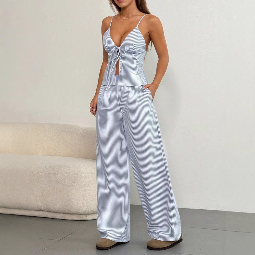 european and american women's two-piece outfit: summer fashion striped tie-up cami top and wide-leg pants set