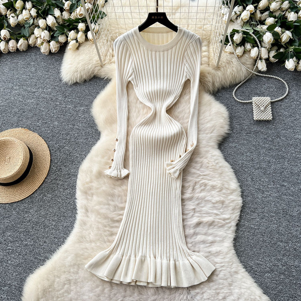 French chic high-end round neck metal buckle long sleeve dress - women's autumn slimming ruffle knit dress
