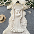 French chic high-end round neck metal buckle long sleeve dress - women's autumn slimming ruffle knit dress