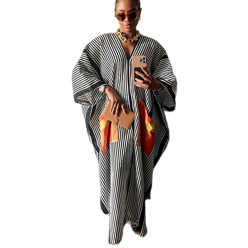 European and american cross-border women's clothing:  spring new arrival - elegant casual loose fit plus size striped long dress with large pockets