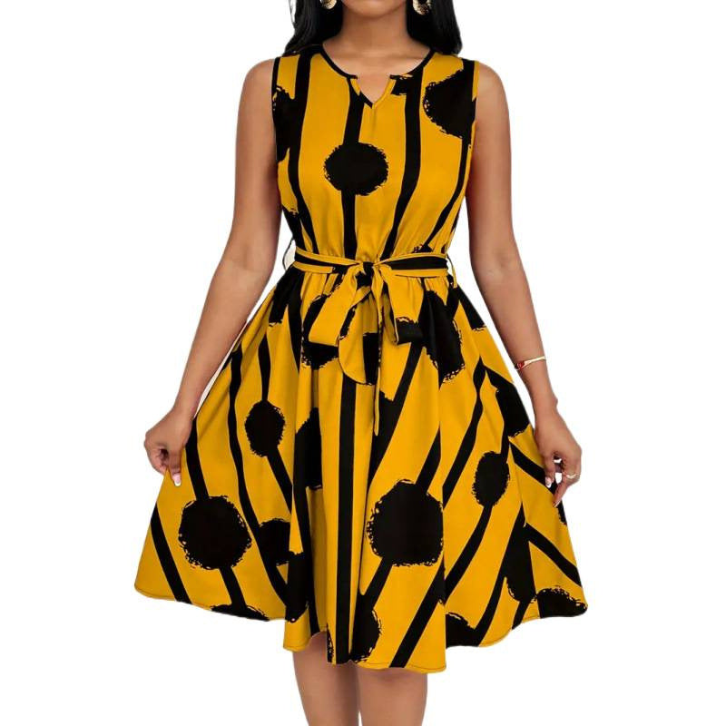 Shipped: european and american summer mid-length fashion new print sleeveless asymmetrical maxi dress