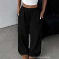 Girls' american retro black drawstring pocket wide-leg loose fit fleece-lined straight leg sweatpants