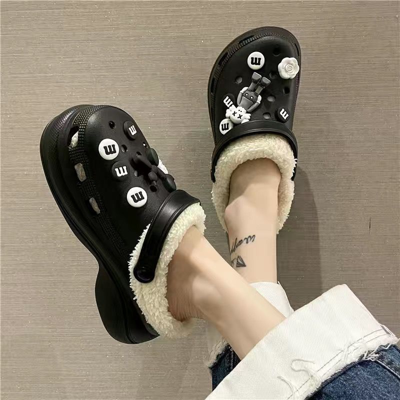 Detachable fleece-lined clogs for women, autumn/winter, girly high-heeled cute student anti-slip cotton slippers, fuzzy cotton shoes