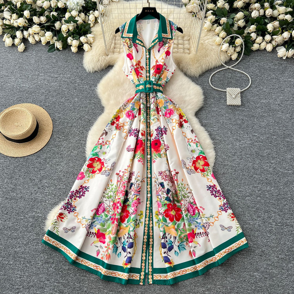 Spring printing dress women's new arrivalfashionretro lapel waist sleeveless single breasted pleated long skirt