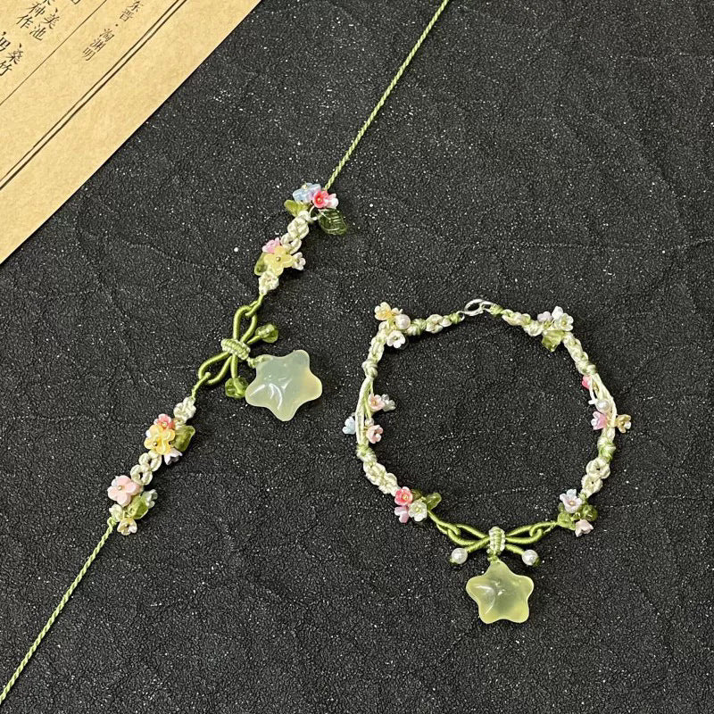 Summer icy little star green crystal multicolor flower braided necklace bracelet - versatile, unique, sweet, and cute accessory