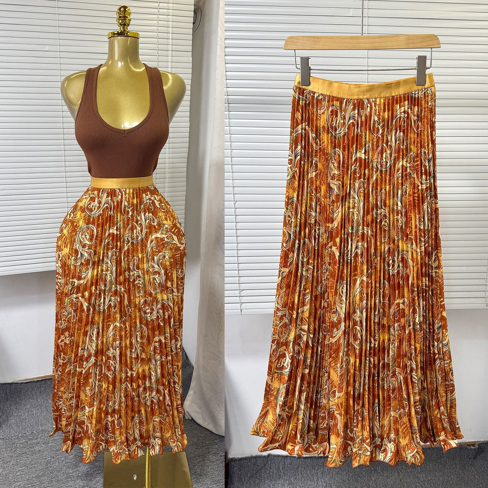export  spring/summer new arrival: printed pleated a-line midi skirt with elastic waist and full sweep