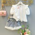 Summer new girls' outfit: bubble sleeve blouse and lace denim shorts two-piece set