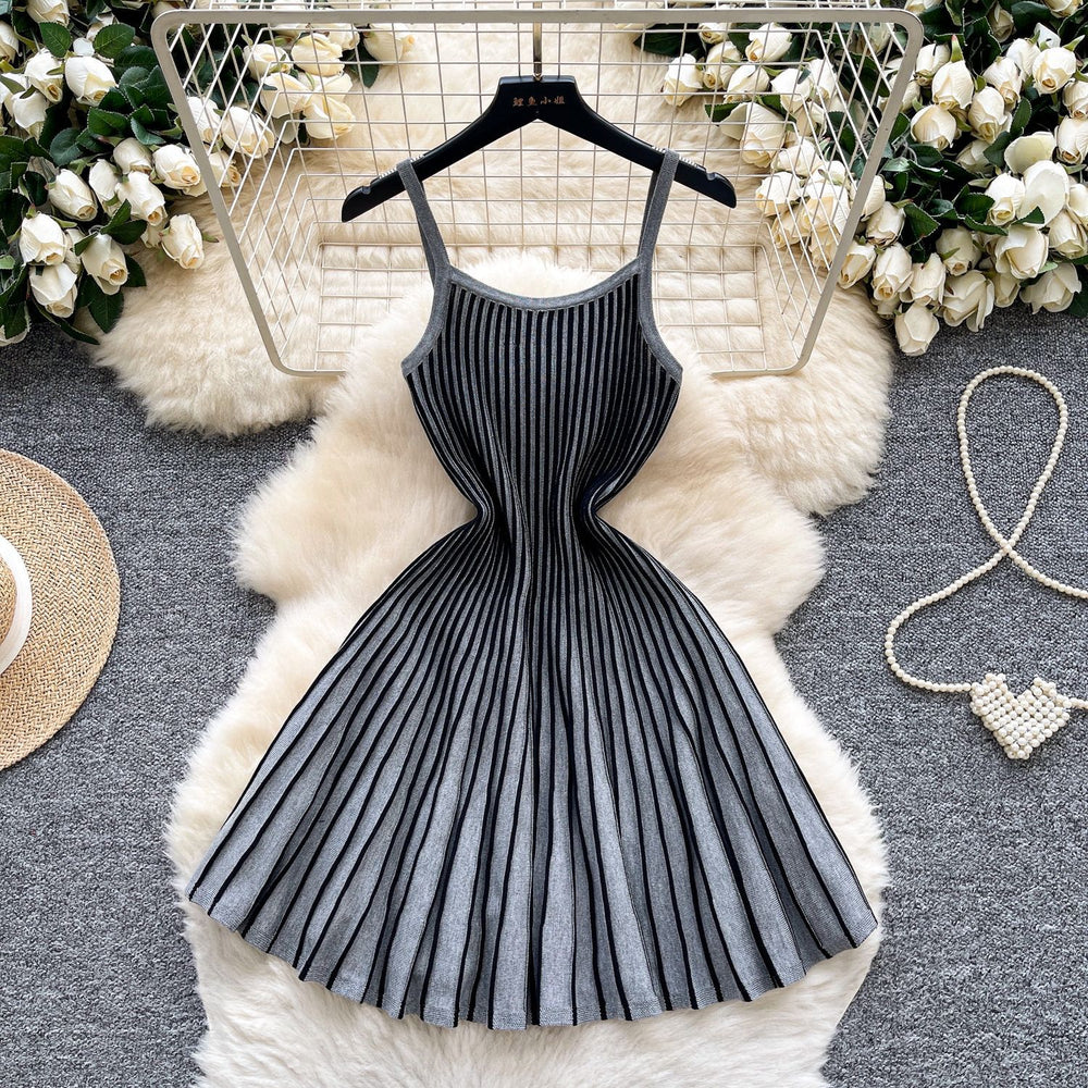 Elegant and chic camisole dress for women - autumn  collection: french retro, slimming, pleated, striped knit dress