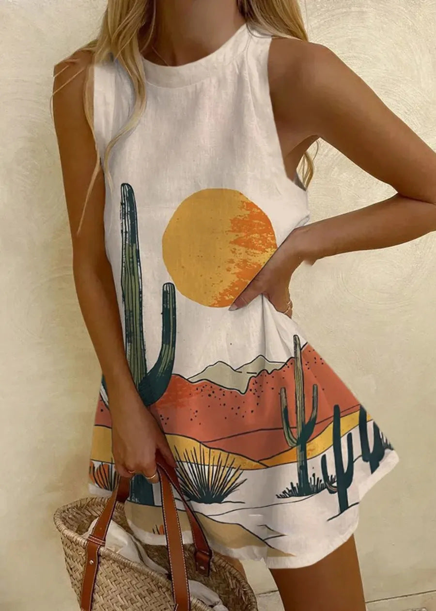 autumn new arrival: women's round neck sleeveless shirt, longline sweatshirt with ocean-themed casual design for independent e-commerce stores