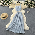 Sweet and gentle women's outfit: tie-neck square collar camisole crop top + high-waisted pleated midi skirt two-piece set