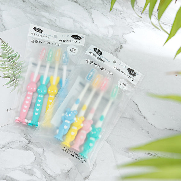 Cartoon bear rabbit children's toothbrush soft hair wholesale, Macaron candy color soft hair 4 pcs, toothbrush wholesale