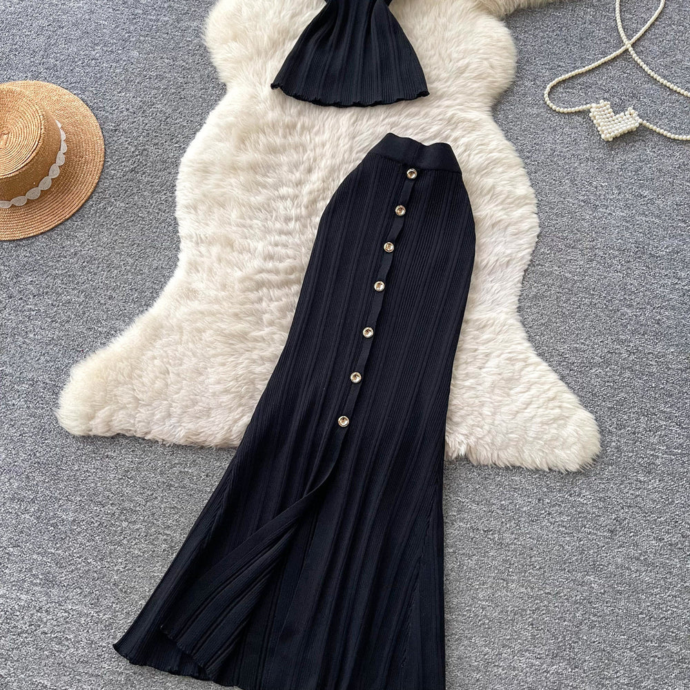 French work clothing style sleeveless knittingtwo-piece set female summer light mature style silm metal breasted classysuit