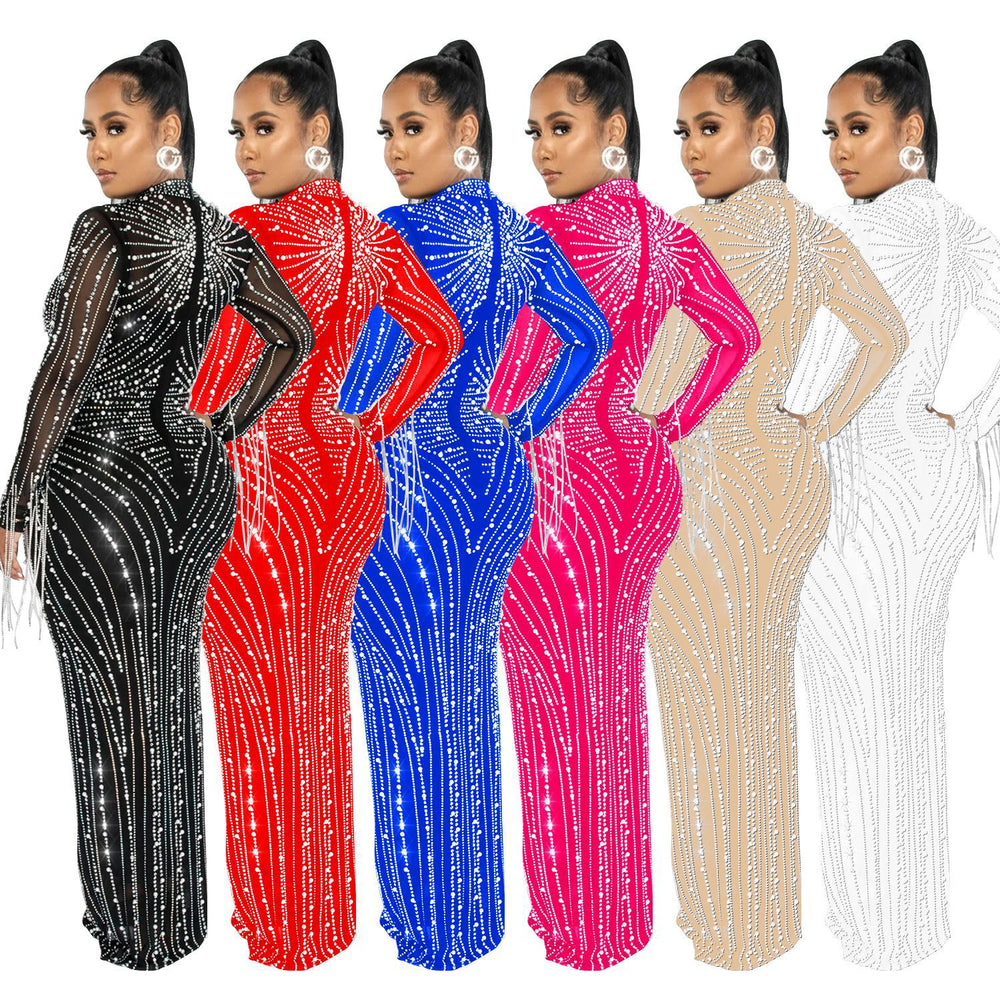 C6266   fashion women's mesh see-through rhinestone long sleeve maxi dress lined two-piece set