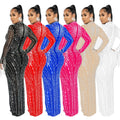 C6266   fashion women's mesh see-through rhinestone long sleeve maxi dress lined two-piece set