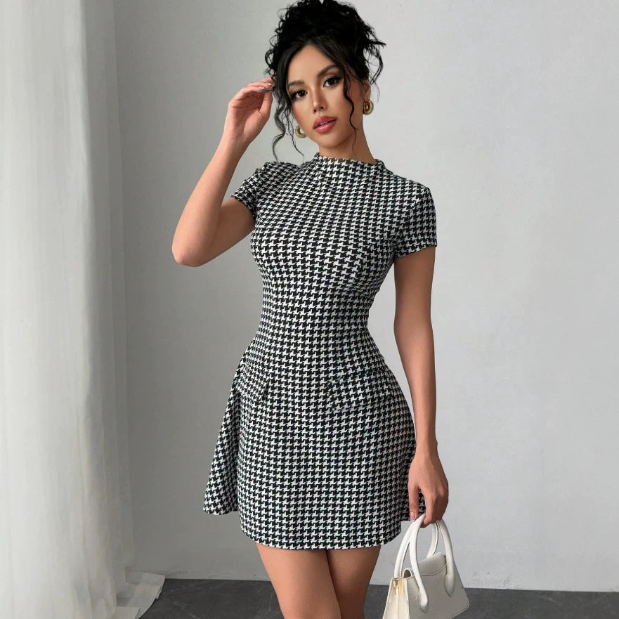 independent station new arrivalfashionelegant silmslimming look round neck beaded grids pattern tweed style mini dress for women
