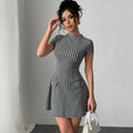 independent station new arrivalfashionelegant silmslimming look round neck beaded grids pattern tweed style mini dress for women