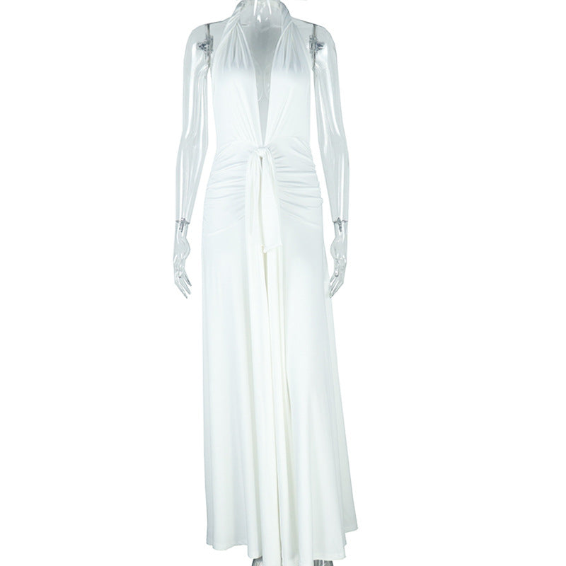 Fashion style insexport women's pure colorsexy sleeveless halterneck tie backbackless slit elegant long skirt dress