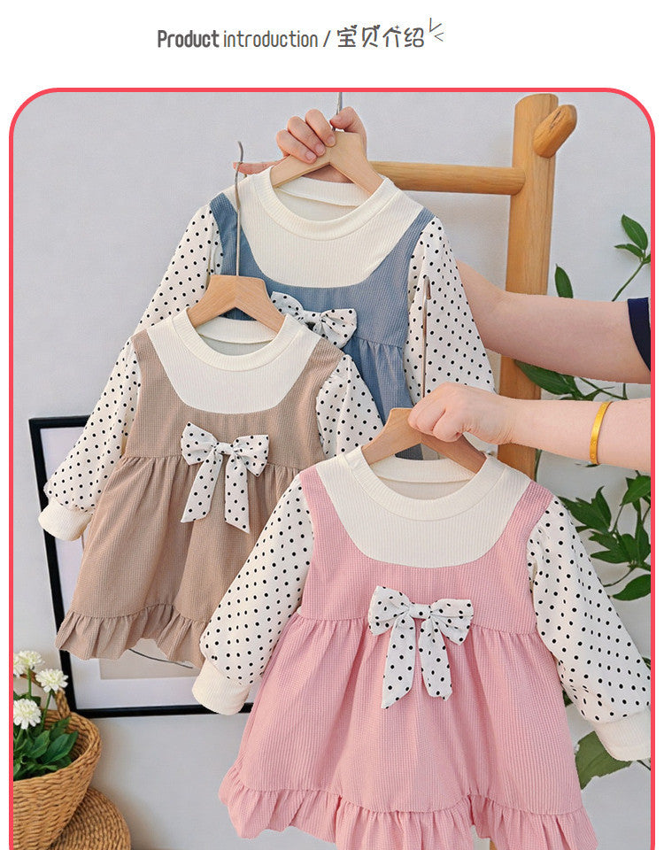 Girls' korean style round neck bowknot patchwork long sleeve dress - stylish princess dress for toddlers and first birthday celebrations