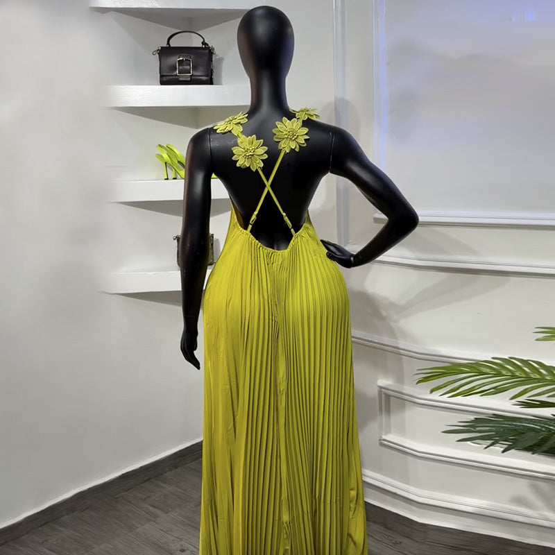 European and american cross-border women's fashion:  spring new arrival - elegant 3d floral shoulder strap solid color pleated backless cami dress