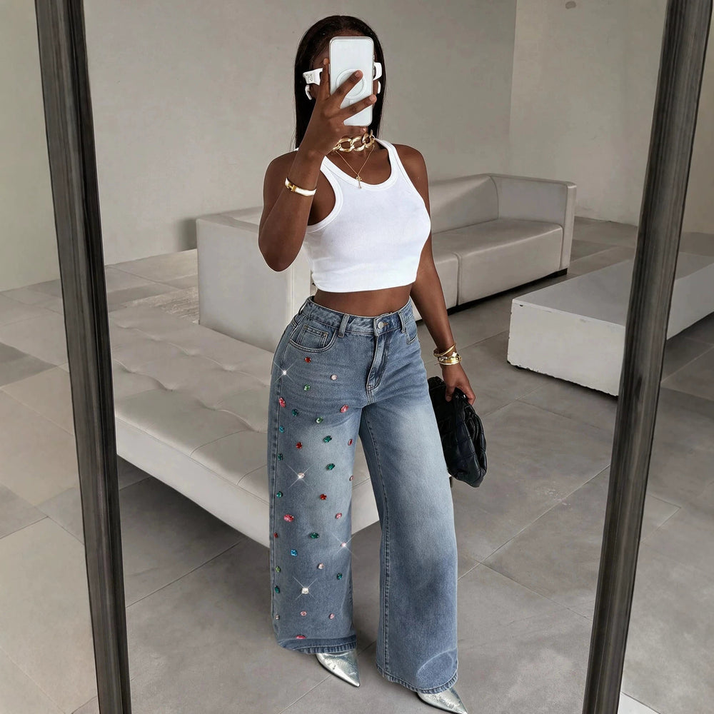 Fashionjeans women's high waist washed hot diamond wide leg mop pants export hot girl heavy industry sparkling diamond denim pants