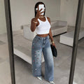 Fashionjeans women's high waist washed hot diamond wide leg mop pants export hot girl heavy industry sparkling diamond denim pants
