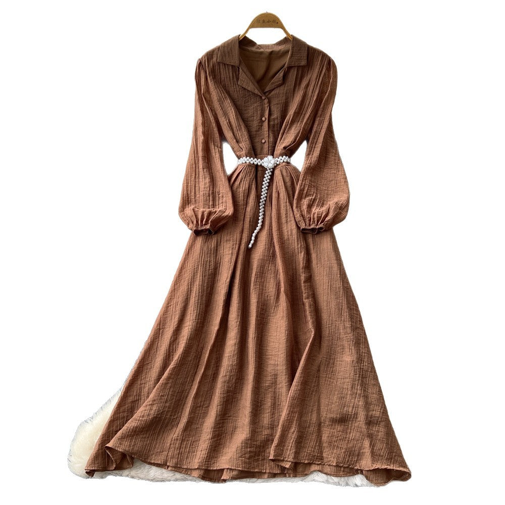 Korean style commute blue ruched long sleeve dress - women's summer slimming a-line elegant maxi dress