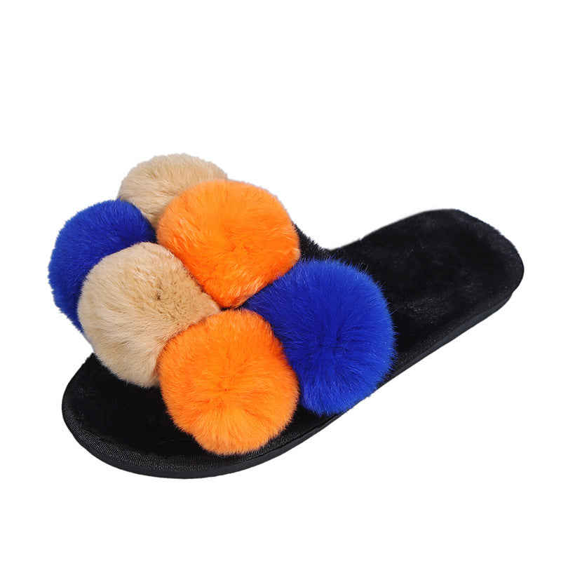 European and american style fashion pom-pom slippers - amazon new autumn/winter collection, plus size fox fur, export model, autumn/winter cotton slippers for women