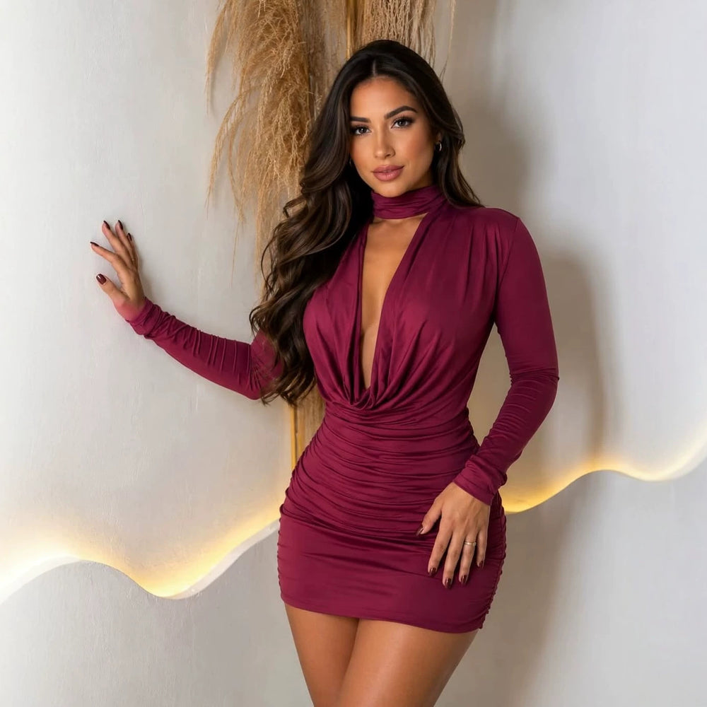 European and american style women's autumn  new collection: solid color long sleeve v-neck bodycon sexy mini dress - wholesale