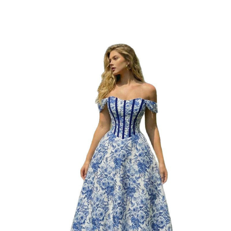 Amazon blue floral print off-the-shoulder dress - women's  summer new arrival - slim fit, figure-flattering dress