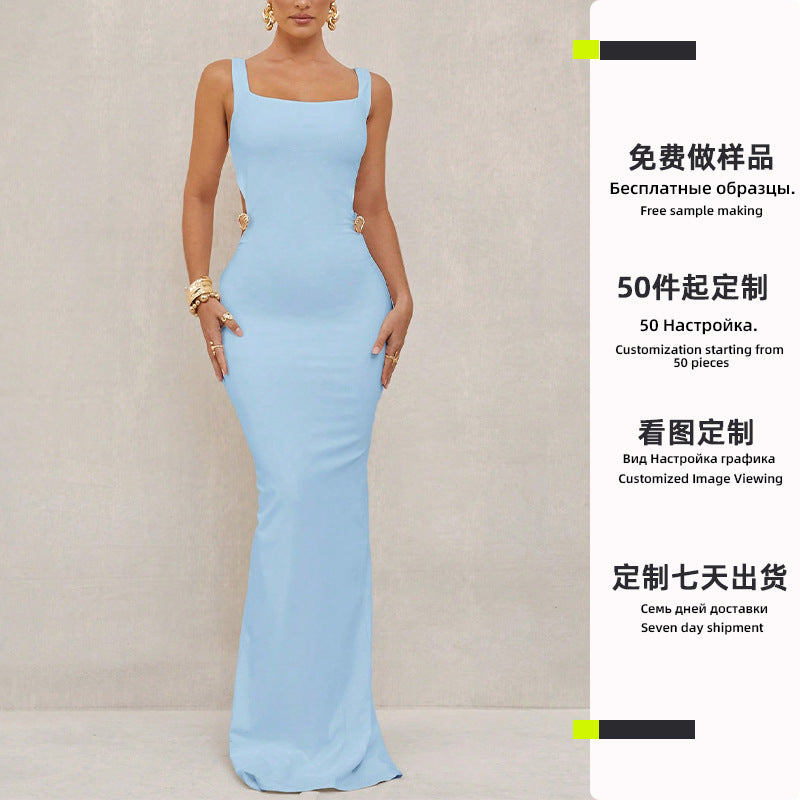 Small batch customization, European and American temperament, sexy solid color dress, small vest, suspender, one-step skirt, labor and material processing