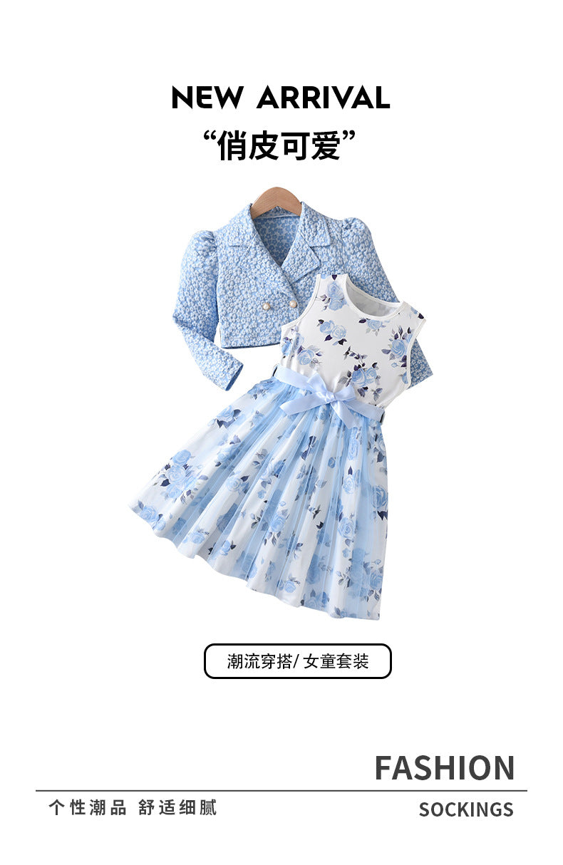 Girls' export dress set: sky blue rose print sundress with chanel-inspired lapel jacket - two-piece outfit for kids