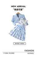Girls' export dress set: sky blue rose print sundress with chanel-inspired lapel jacket - two-piece outfit for kids