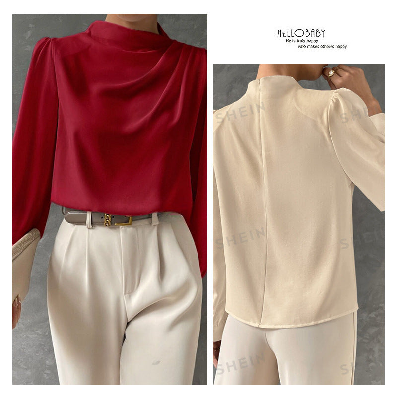Solid color pleated women's blouse - elegant pullover satin top - new european and american style commuter long sleeve top