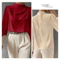 Solid color pleated women's blouse - elegant pullover satin top - new european and american style commuter long sleeve top