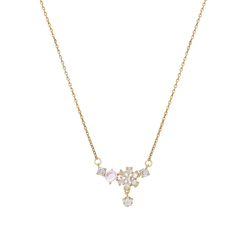 Early spring zircon flower titanium steel necklace for women accessible luxuryniche styleins pink flower clavicle chain forest style fashion necklace