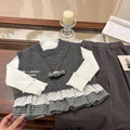Girls' outfit set  autumn korean style sweet kids lace trim vest dark grey wide leg pants three-piece set