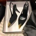 2026 women's stiletto heel rose gold metallic pointed toe pumps, spring black metal buckle strap sandals