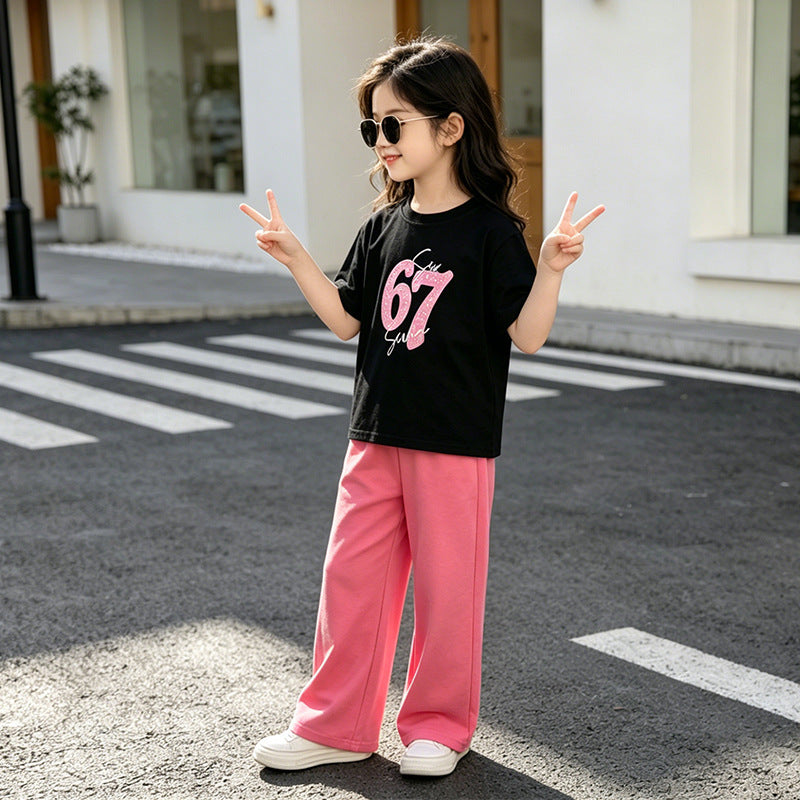 Girls'  summer new arrival: trendy two-piece set - fashionable activewear outfit for girls, featuring a short-sleeve top and casual pants